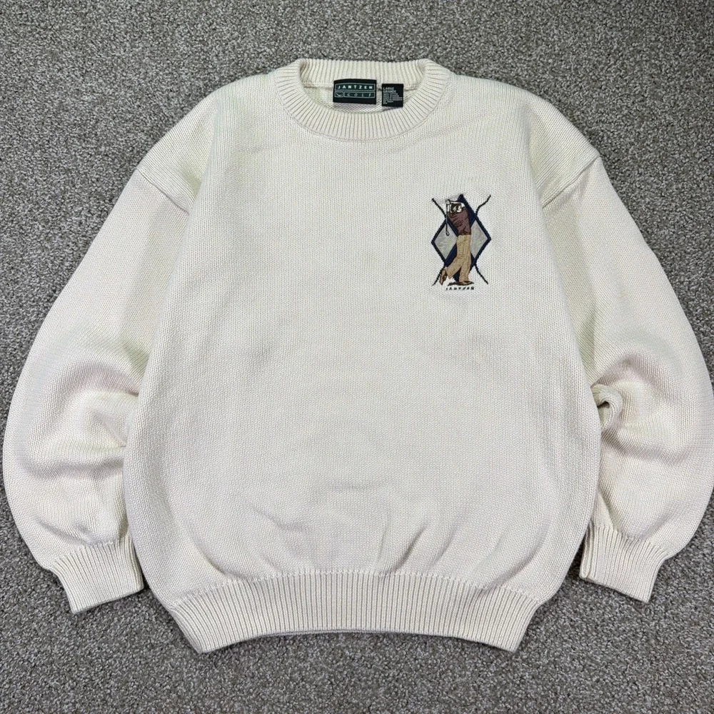 Vintage Cream Jantzen Golf Pullover Sweater Large 90s Classic Embroidered